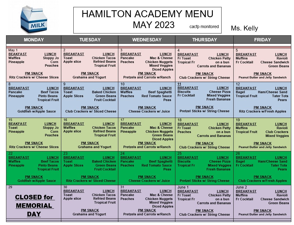 May Menu Hamilton Academy PreK menu